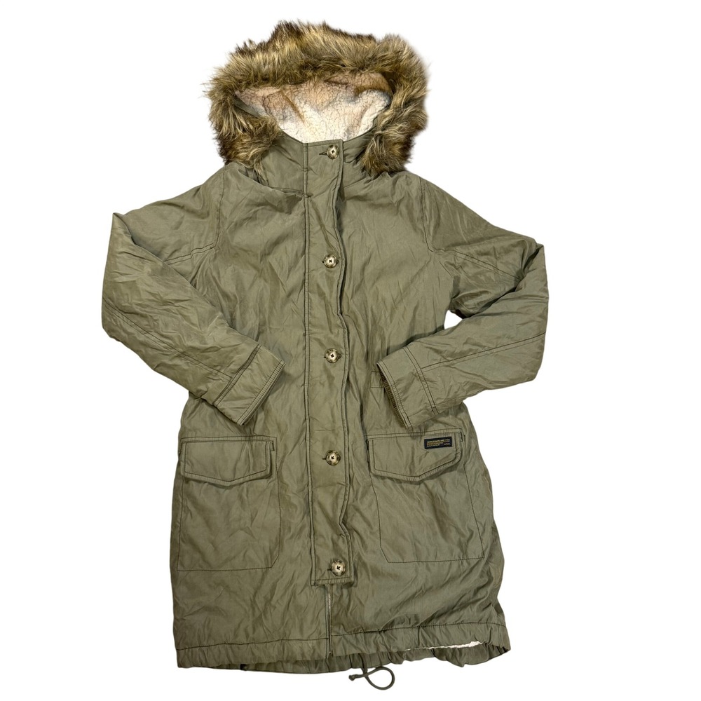 Abercrombie&Fitch Olive Green Sherpa Lined Parka Coat Faux Fur Hood Jacket Y2K M